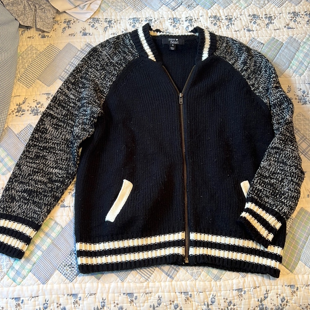 LF Black and White Track / Bomber Style Zip Up Sweater, Size AUS 10 (M)